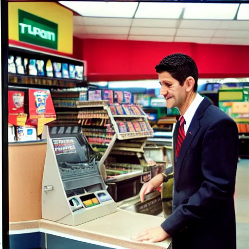 Image similar to Former House Speaker Paul Ryan minding the till at a 7/11. CineStill