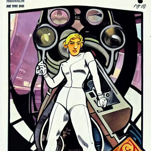 Prompt: a stoic heroic butch tomboy dirty injured blonde emotionless woman engineer, with very short slicked - back hair. she is dressed as a spaceship mechanic. well composed, clean elegant painting, beautiful detailed face. comic book art by steve ditko and jack kirby and ( alphonse mucha )