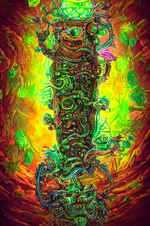 Image similar to creature sushi roots cactus elemental flush of force nature micro world fluo light deepdream a wild amazing steampunk baroque ancient alien creature, intricate detail, colorful digital painting radiating a glowing aura global illumination ray tracing