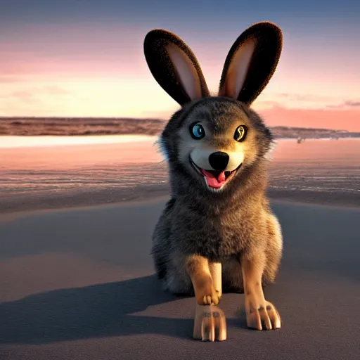 Image similar to a photorealistic adorable fierce furry monster with long floppy rabbit ears chubby body and wolf legs with stubby claws, Smiling at the camera with a mischievous grin, happy lighting, at a tropical beach