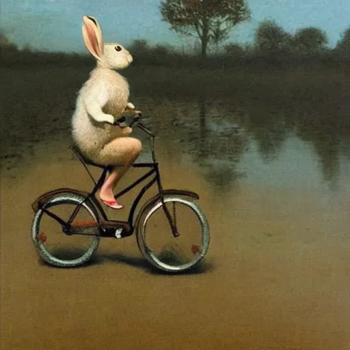 Prompt: rabbit riding a bike by the lake, by michael sowa.