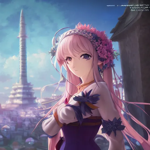 Prompt: portrait of lady avalon the mage of flowers standing on the tower of avalon, anime fantasy illustration by tomoyuki yamasaki, kyoto studio, madhouse, ufotable, square enix, cinematic lighting, trending on artstation