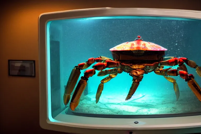 Image similar to robot crab underwater, in 2 0 1 2, bathed in the the glow of a crt television, royalcore, low - light photograph, photography by tyler mitchell