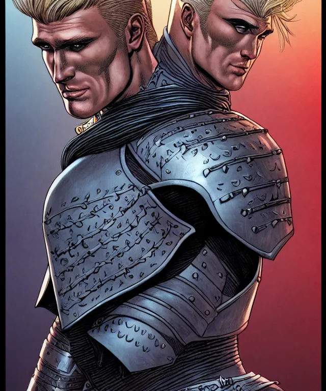 Image similar to a ( fantasy comic ) ( cover art ) portrait of a valiant knight who looks like ( young dolph lundgren ), digital illustration by jenny frison and sana takeda and kentaro miura, fine inking lines, dnd, highly detailed!, hd, 4 k, trending on artstation