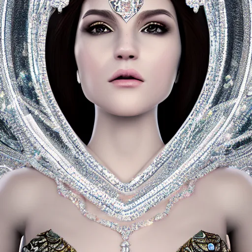 Image similar to portrait of wonderful princess of diamond with fair skin, ornate with diamonds, 8 k, gorgeous, intricate, detailed, glowing white accent lighting, dramatic lighting, octane render