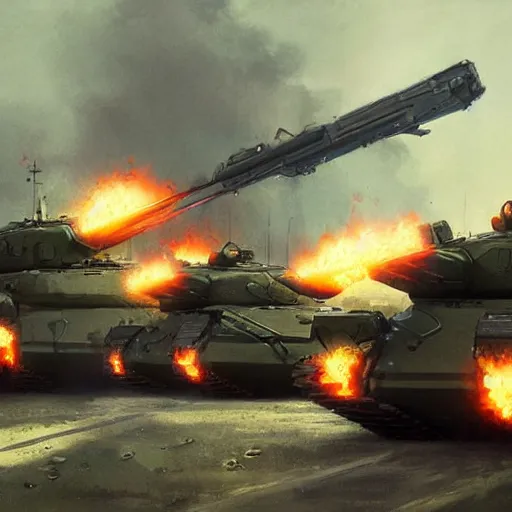 Image similar to Russian tanks are charging fire by Greg Rutkowski