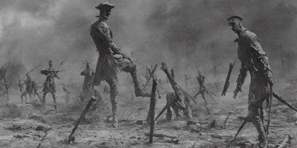 Image similar to scary unproportionable tall ghost creature in the middle of a battlefield, 1900s picture