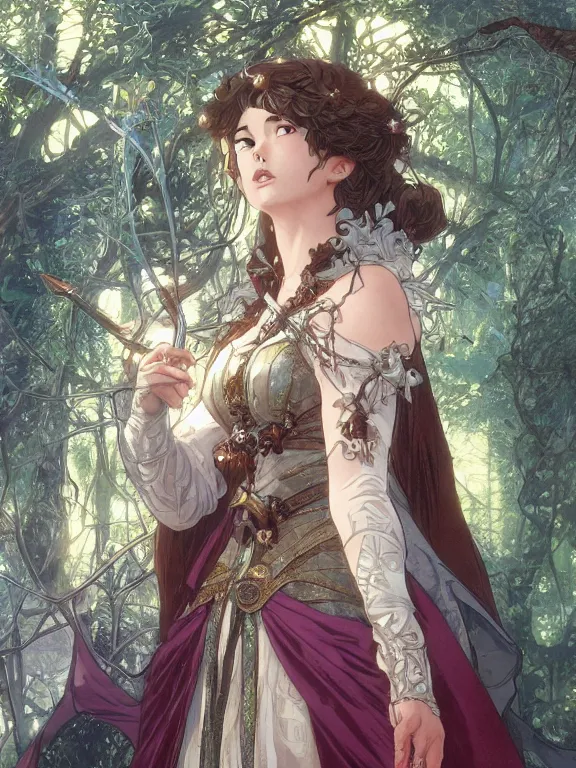 Prompt: anime key visual closeup of amora the enchantress wearing a medieval gown!! intricate, magical forest, stunning, highly detailed, digital painting, artstation, smooth, hard focus, illustration, art by artgerm and greg rutkowski and alphonse mucha