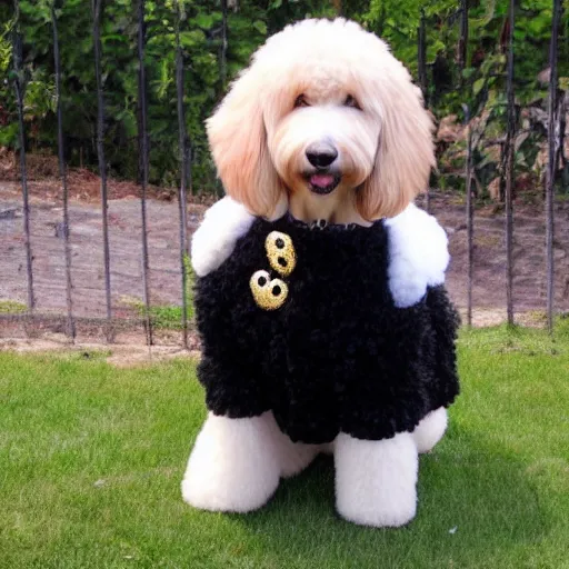 Image similar to black goldendoodle dog, wearing pimp suit