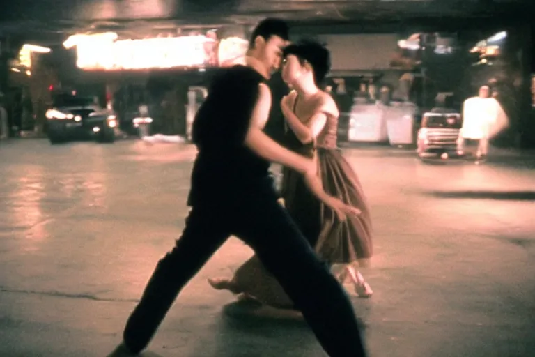 Image similar to wong kar wai dancing love movie scene. wide angle 9 mm lens, close up