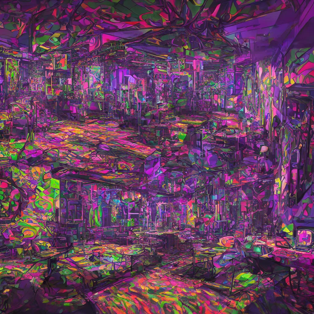 Image similar to inside a modern ai artists room with psychedelic walls and whimsical furniture with large windows overlooking a metropolis, perfect symmetry, super focus, 8 k, cinematic lighting, techie, mechanical, fractal, relaxing