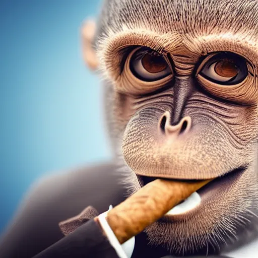 Image similar to a high detail closeup shot of a depressed monkey wearing a suit and smoking a cigar