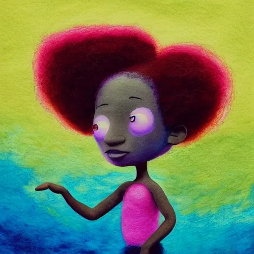 Image similar to a black girl with a colorful afro and rainbow eyes doing ballet, bright colours, bokeh!! watercolor, volumetric wool felting, macro photography, children illustration, by goro fujita