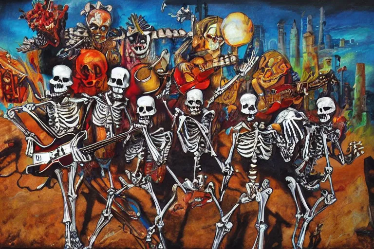 Image similar to skeleton rock band, art by danny flynn and simon bisley, trending on artstation, halfrear, oil and canvas, very very intricate, post - modernism