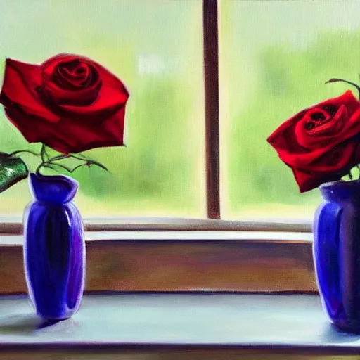 Image similar to A painting of a windowsill with two vases, one containing a red rose and the other containing a blue violet. The natural light from the window would be shining in on the scene. Trending on artstation