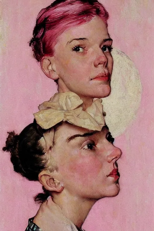 Image similar to a portrait of a woman!! by norman rockwell!!! pink hair! pronouns pin!!! pretty face! lamp light, plants background!