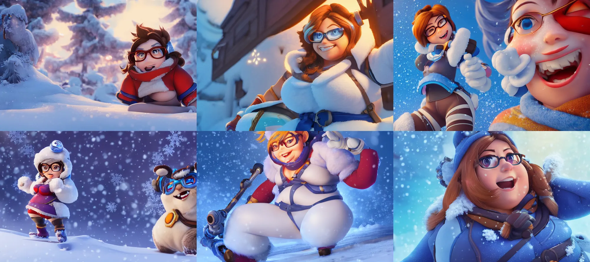 Prompt: hyperdetailed mei from overwatch as a disney pixar character, hd texture, beautiful 3D render, 8k, octane render, soft lighting, in the snow, golden hour