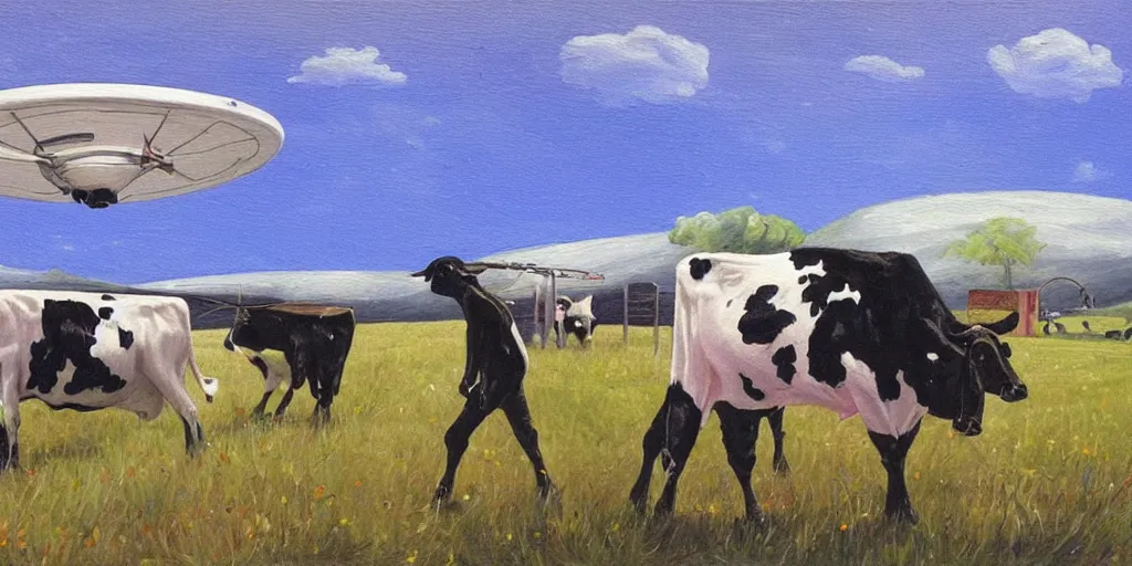 Image similar to a ufo stealing cows, painting