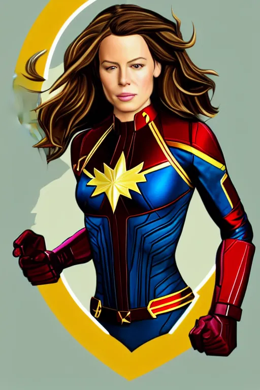 Image similar to Kate Beckinsale as Captain Marvel high quality digital painting in the style of James Jean