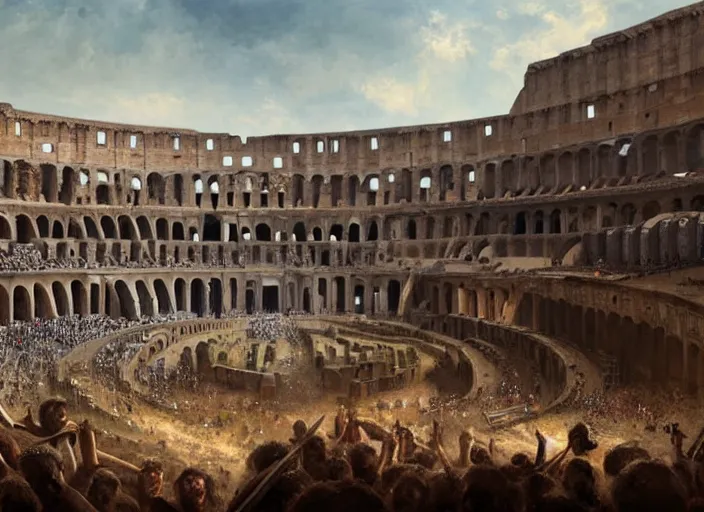 Image similar to Colosseum interior in the 100AD with two fighters in the middle and crowds cheering in kindah,digital art,realistic,detailed,art by greg rutkowski