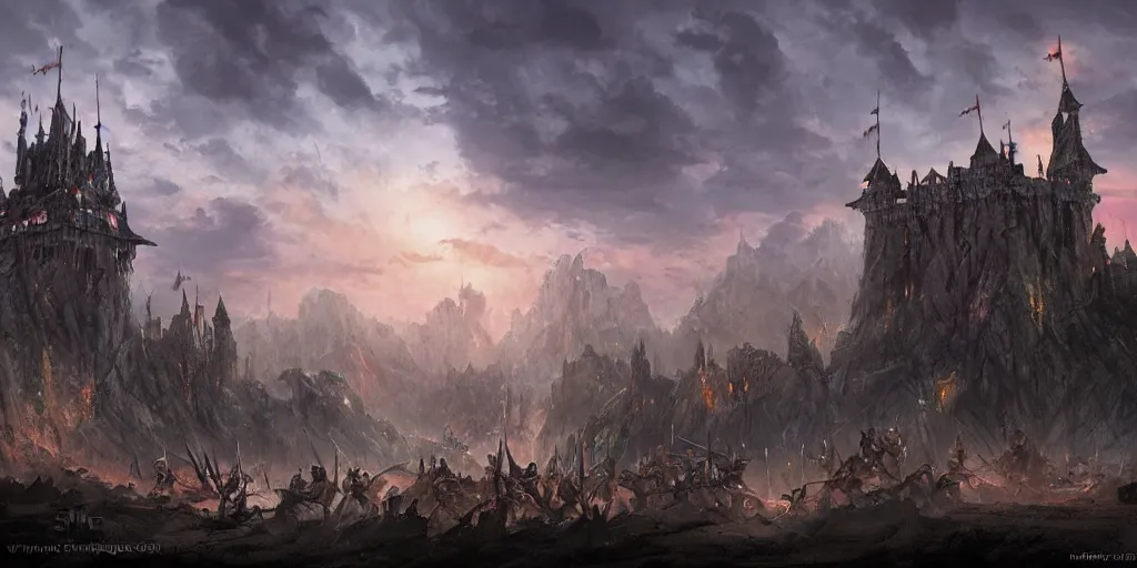 Image similar to a fabulous fantasy matte painting of fighting warriors next to a castle in evening, by Simon Bisley, artstation
