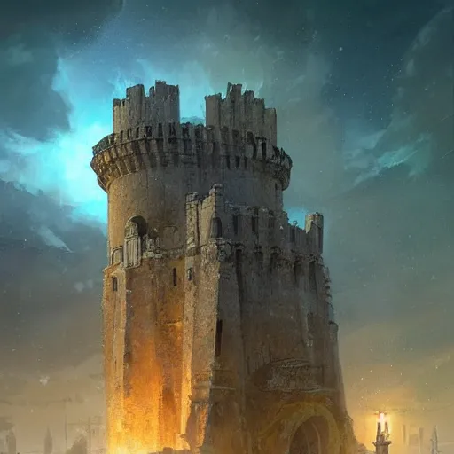 Image similar to torre del oro, atmospheric lighting, intricate, volumetric lighting, beautiful, sharp focus, ultra detailed, in the art style of marc simonetti, bowater charlie and brom gerald, astrophotography