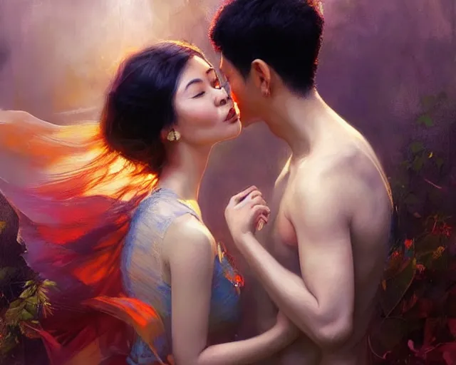 Image similar to photography of south east asian couples kissing each other, deep focus, d & d, volumetric light, colourful, sharp, detailed, digital painting by rolf armstrong, jeremy lipkin and michael garmash, rob rey and kentaro miura style, pinterest behance top picks