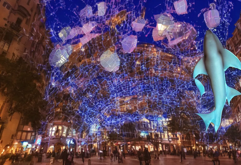 Prompt: 3 d 🦈 popping out of curved screen, town square, volumetric lighting, bokeh, instax