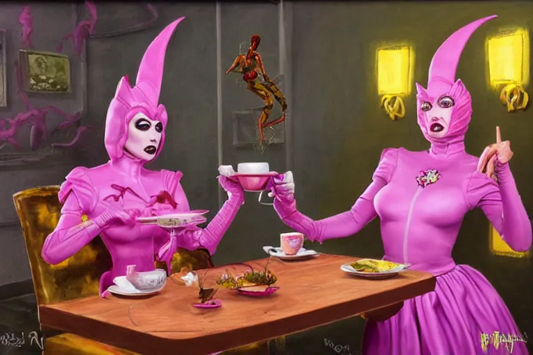 Image similar to Angelyne fights Scorpion from Mortal Kombat in the tea room, painted by mark ryden