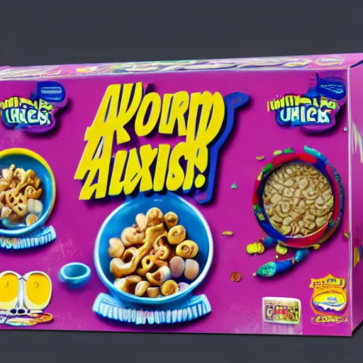 Prompt: A cereal box from a alternate alien dimension, product photo