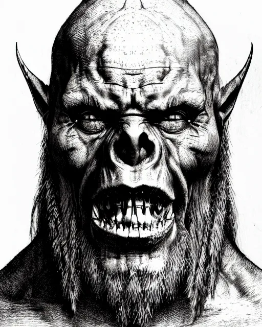 Image similar to orc, hyper realism, fine details, deviantart artstation, extremely detailed, black and white, very sharp, in the style of albrecht durer, etching,