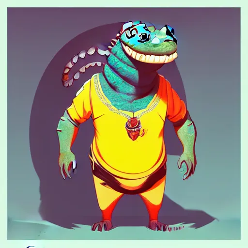 Image similar to in the style of artgerm, loish and ross tran, anthropomorphic alligator, symmetrical face, symmetrical eyes, red scales on his back, yellow scale on his belly and chest, male, waring a hawaiian shirt, in the style of zootopia