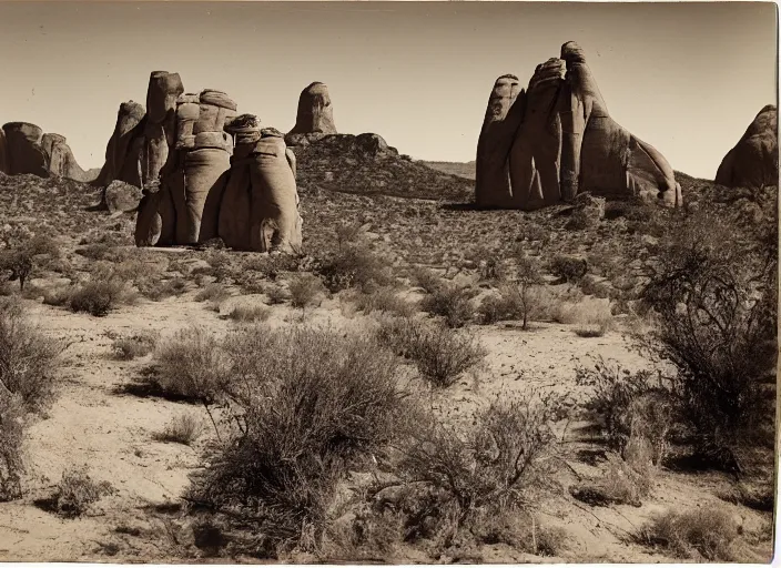 Prompt: Photograph of a chimney rock piercing through lush desert vegetation and boulders with distant mesas in the background, albumen silver print, Smithsonian American Art Museum