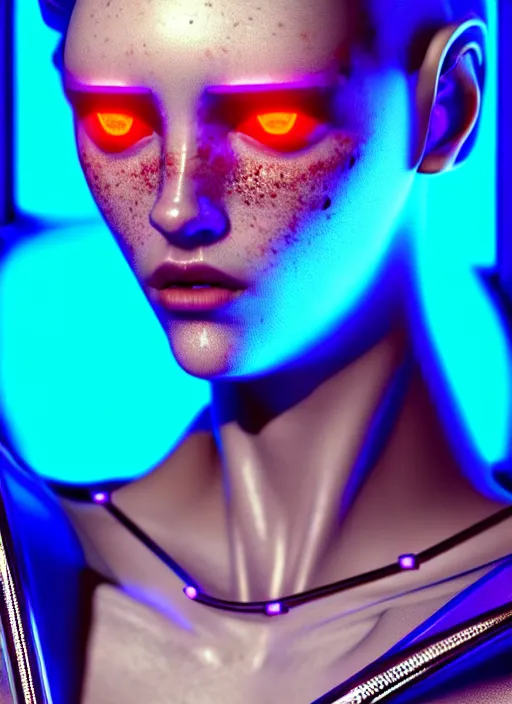 Image similar to a sensual caucasian female humanoid with freckles, cyber neon lighting, futurism, intricate futuristic jewelry accessories, cyberpunk high fashion, profile posing, hyper photorealistic, crispy quality, digital photography, trending in artstation, trending in pinterest, cinematic, 4 k ultra hd, art by pascal blanche, art by greg rutkowski,