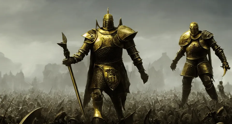 Prompt: render of a knight with a skull head, wearing golden armor standing strong in the middle of a battlefield, hyper realistic, unreal, craig mullins, alex boyd, lord of the rings, game of thrones, dark souls, artstation, cinematic action shot, warhammer