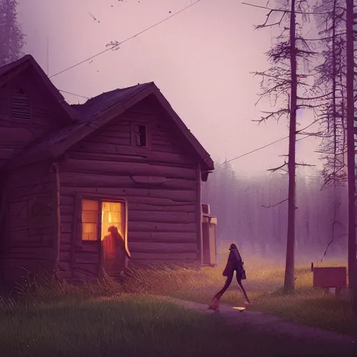 Image similar to woman leaving her wooden broken house by simon stålenhag, very highly detailed, award winning, rendered by Beeple, by Makoto Shinkai, syd meade, starwars, space art concept, digital art, unreal engine, blender, WLOP, trending on artstation, 4K UHD image, octane render