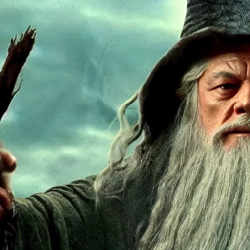 Image similar to film still of leonardo di caprio as gandalf standing against balrog in lord of the rings 2 0 0 1