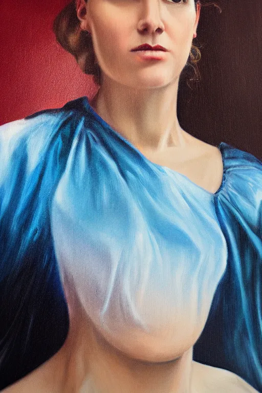 Image similar to hyperrealism oil painting, close - up portrait of fabric worker woman model, gradient mixed with nebula sky, in style of baroque