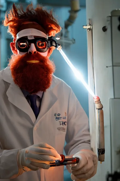 Image similar to an awkwardly tall scientist with a tangled beard and unruly red hair atop his balding head wearing a headlamp a labcoat and welding goggles and holding a beaker, high resolution film still, movie by Ivan Reitman