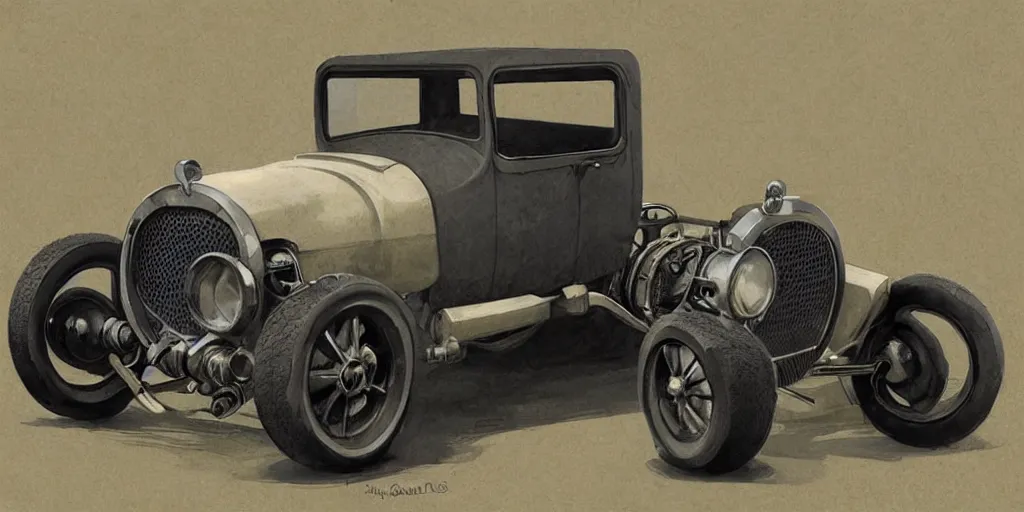 Prompt: 1920's hotrod featured in no mans sky concept art, highly detailed, soft colors, art by by Charlie Bowater, by Mark Brooks