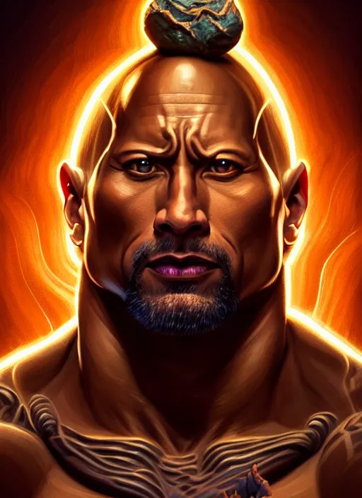 Image similar to portrait of dwayne johnson as shiva god of destruction, intricate, elegant, glowing lights, highly detailed, digital painting, artstation, glamor pose, concept art, smooth, sharp focus, illustration, art by artgerm and greg rutkowski, artey freytag