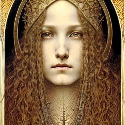 Image similar to detailed realistic beautiful young medieval queen face portrait by jean delville, gustave dore and marco mazzoni, art nouveau, symbolist, visionary, gothic, pre - raphaelite. horizontal symmetry