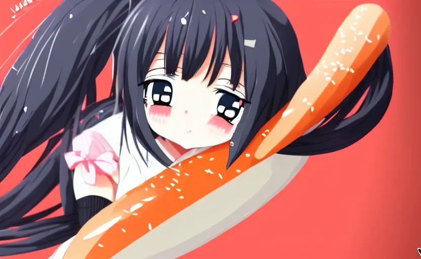 Prompt: very cute anime girl that is rolled up in a big piece of sushi, head sticking out of a sushi roll, nori, full body shot, cinematic wallpaper, highly detailed, clear, sharp, 4 k, 8 k