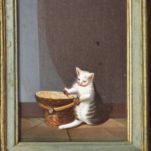 Image similar to an 1 8 th century highly detailed oil painting of a kitten wearing a chefs outfit