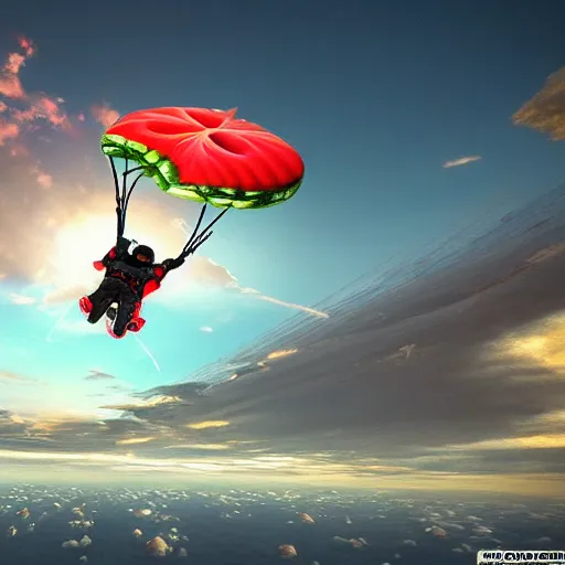 Prompt: A watermelon skydiving from a plane, dynamic lighting, cinematic, ultra detailed, trending on art station