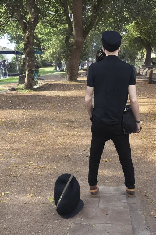 Prompt: slim young man, there is black wool beret hat on his head and dark curly hair sticking out from under it, he wears a dark green buttoned up shirt and black trousers, he has a brown satchel over his shoulder , standing outside in a park, he is holding a film camera and taking photographs