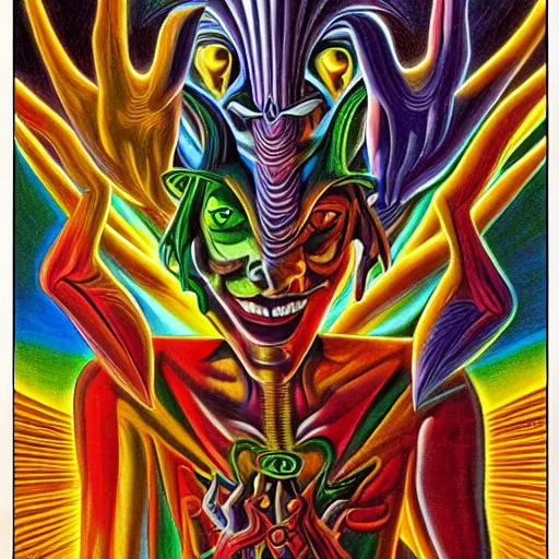 Image similar to Alex Grey artwork of a scheming jester offering a card