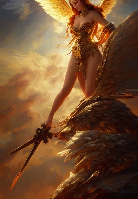 Prompt: A beautiful fierce angel with wings, wearing metal battle armor and a flaming sword, among heavenly sunlit clouds, close-up, intricate, elegant, digital painting, golden hour photo, cinematic, trending on artstation, concept art, smooth, sharp focus, illustration, art by artgerm and Greg Rutkowski and Alphonse Mucha