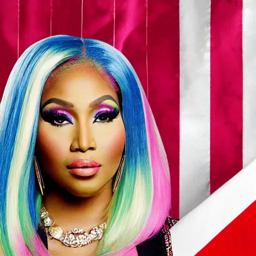Image similar to presidential photo of Nicki Minaj, centered in the middle of the picture, flag of Argentina behind on the left side, background out of focus