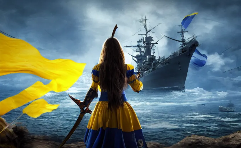 Prompt: view from behind of a girl in national blue and yellow clothes with beautiful hair and two huge realistic swords in both her hands standing against and facing a huge realistic detailed Russian warship on the horizon, and she is ready to fight, Ukrainian flag on the left side, concept art, сinematic lighting, insanely detailed, smooth, sharp focus, Artstation, 8k, unreal engine, hyper realistic, steampunk style, bright background, moonlight, volumetric lighting, digital illustration by Ruan Jia and Mandy Jurgens and Artgerm and Wayne Barlowe and Greg Rutkowski and Zdislav Beksinski